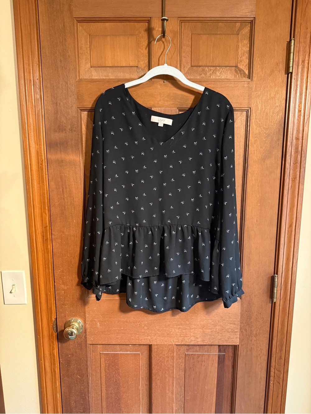LOFT Black Blouse with White Micro Print and Ruffle Hem